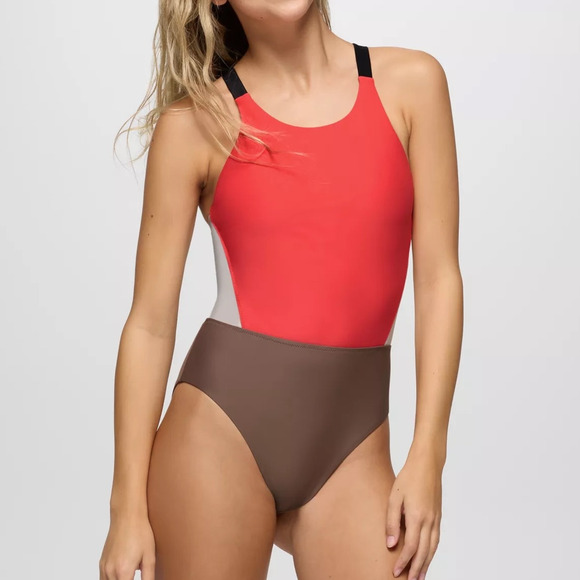 Prana Baja Bound Cutout One Piece Swimsuit Women's L Rose Fire Colorblock Cheeky - Picture 1 of 8